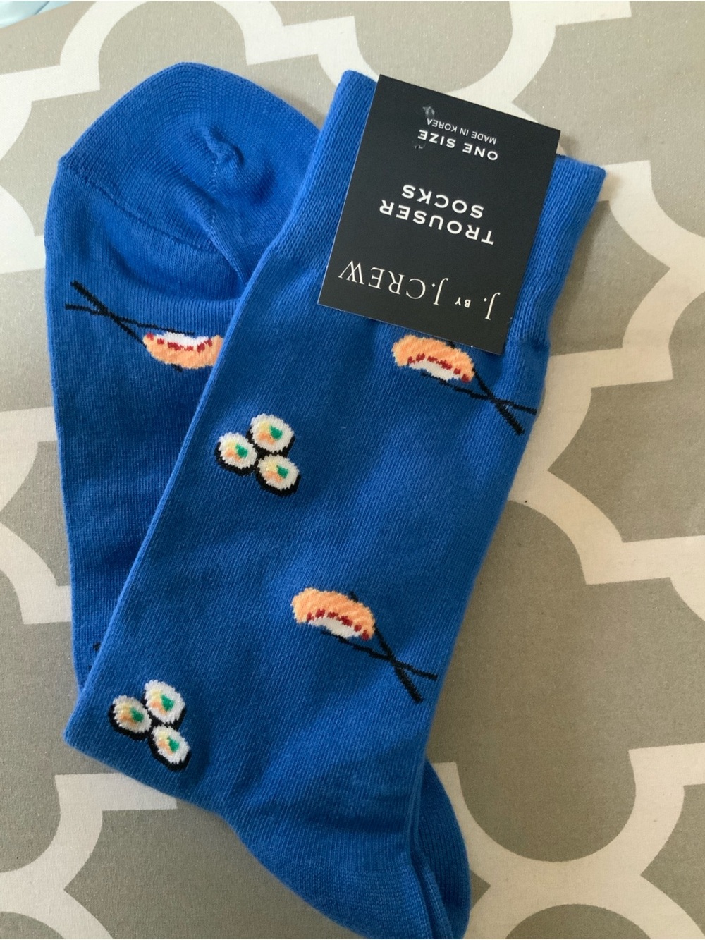 J.Crew trouser socks feature a whimsical sushi print and are made in Korea.